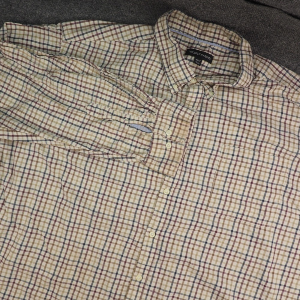 Tricots St Raphael Shirt Mens 4XLT Button Down Tan Plaid Long Sleeve Preppy Work